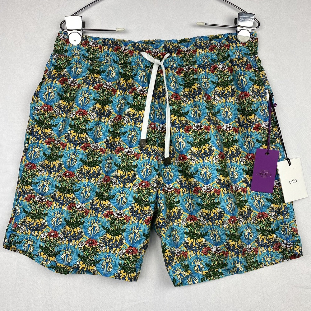 Onia Charles 7 Swim Trunks Liberty Fabric Coral Vines Inca Gold MS08-141 Mens S